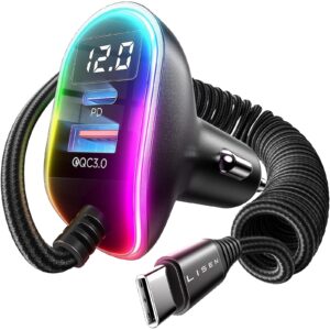 lisen usb c 96w super fast car charger pd& qc3.0 with 5.3ft 36w type c coiled cable,car phone charger adapter for iphone 15 pro max plus, samsung galaxy s24/s23/s22,android, ipad pro