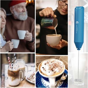 Powerful Milk Frother Handheld Foam Maker, Mini Whisk Drink Mixer for Coffee, Cappuccino, Latte, Matcha, Hot Chocolate, No Stand, Metal Blue