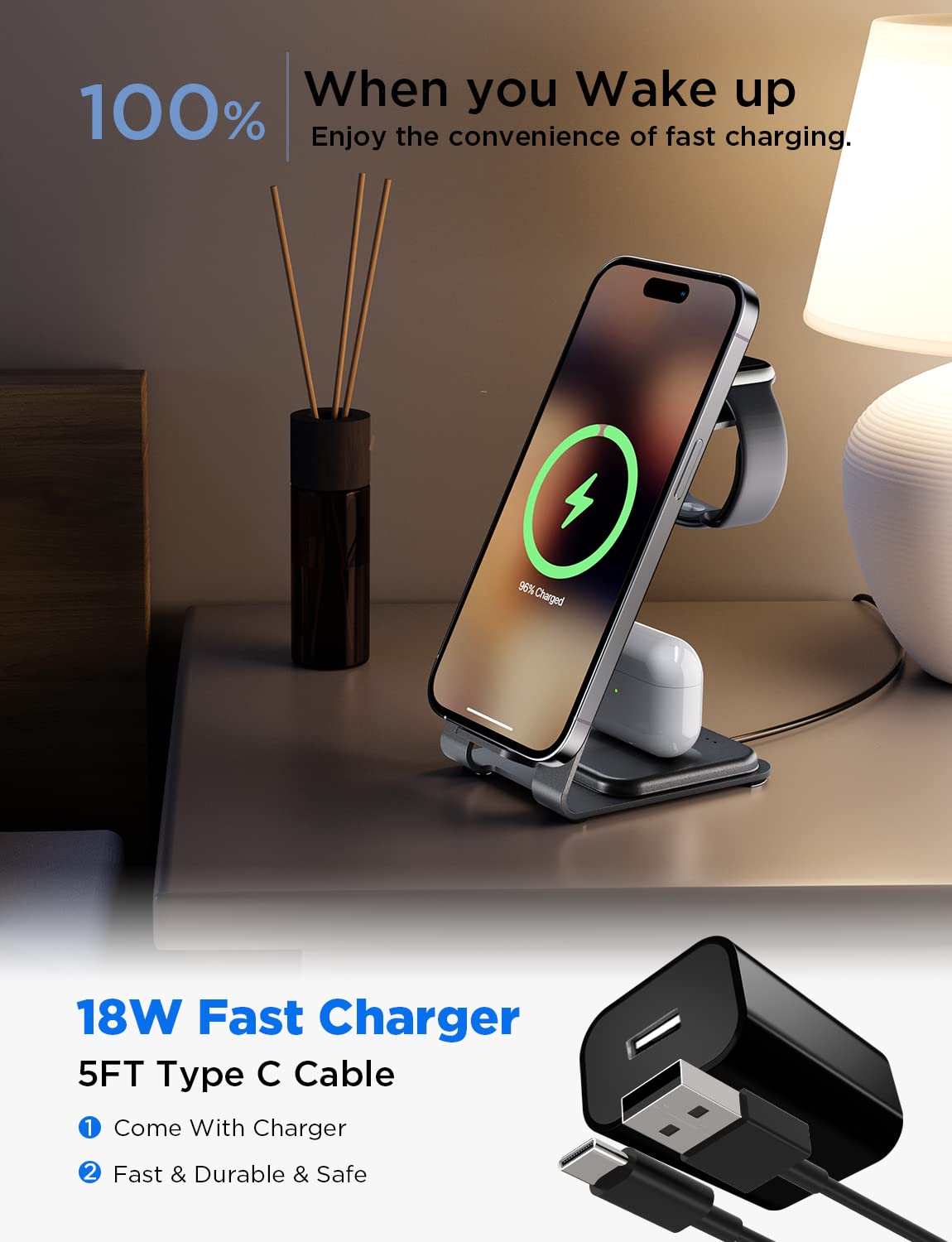 Lemoworld 15W Wireless Charger iPhone Fast Charging, 3 in 1 Wireless for Apple Charging Station Multiple Device [Metal] iPhone Charging Station for iPhone 15/14/13/12/11/Pro/Max/Apple Watch/Airpods