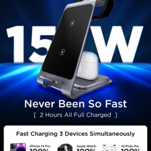 Lemoworld 15W Wireless Charger iPhone Fast Charging, 3 in 1 Wireless for Apple Charging Station Multiple Device [Metal] iPhone Charging Station for iPhone 15/14/13/12/11/Pro/Max/Apple Watch/Airpods