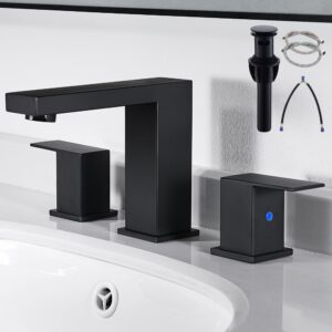 fropo black bathroom faucet 3 hole - 8inch widespread bathroom sink faucets | two handles brass modern vanity sink faucets with overflow pop-up drain & supply lines matte black