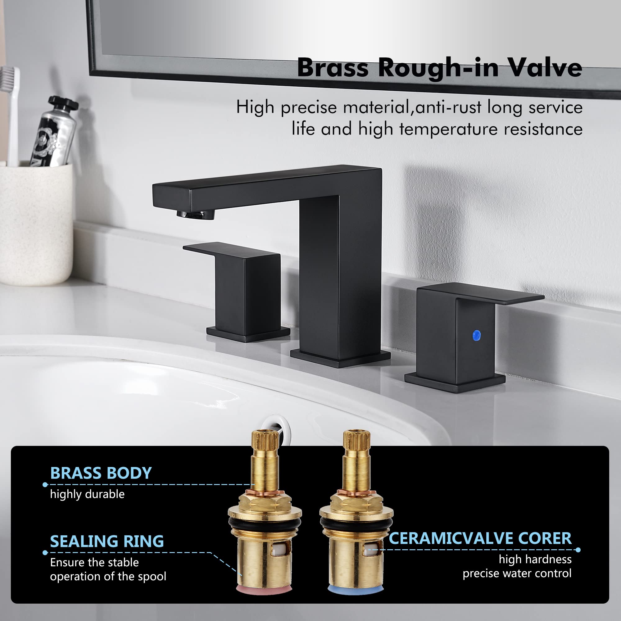 FROPO Black Bathroom Faucet 3 Hole - 8Inch Widespread Bathroom Sink Faucets | Two Handles Brass Modern Vanity Sink Faucets with Overflow Pop-up Drain & Supply Lines Matte Black