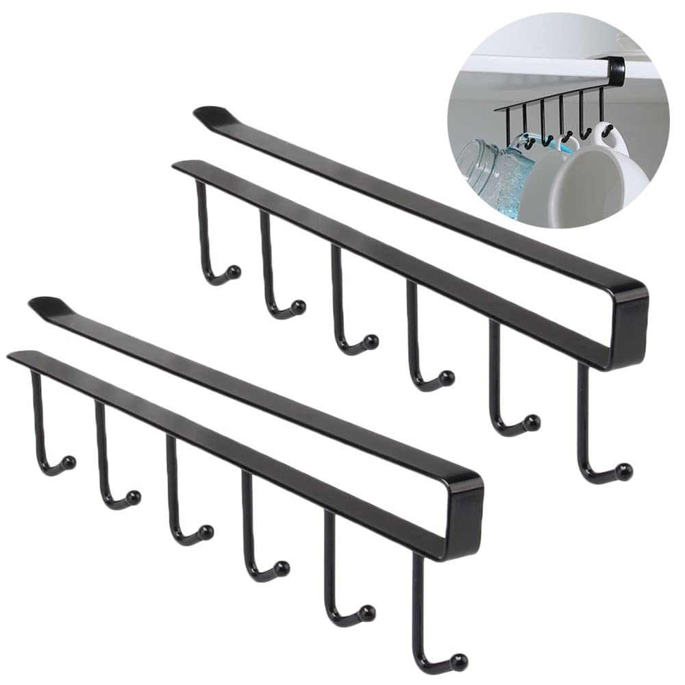 2 Pack Storage Mug Hooks Rack Under Cabinet Each with 6 Hooks, Cup Holder Hanger, Wine Glasses Kitchen Utensil Hanger, Ties Belts Scarf Hanging Hook Rack, Mug Hook Hanger Under Shelf Without Drilling