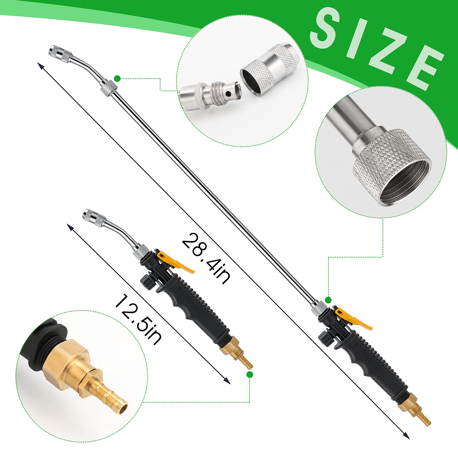 29 Inches Sprayer Wand, 3/8" & 1/4" Brass Barb Universal Sprayer Wand Replacement, Stainless Steel Sprayer Parts with Shut off Valve & 2 Hose Clamps, Spray Wands for Garden Hose