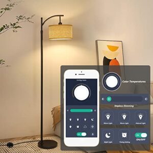 LAMSU Boho Arc Floor Lamp with Remote, Rattan Farmhouse Standing Lamps with Dimmable LED Bulb, Modern Black Tall Lamp with Woven Shade for Living Room Bedroom Office, App Control, Height Adjustable