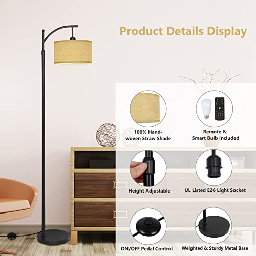 LAMSU Boho Arc Floor Lamp with Remote, Rattan Farmhouse Standing Lamps with Dimmable LED Bulb, Modern Black Tall Lamp with Woven Shade for Living Room Bedroom Office, App Control, Height Adjustable