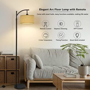 LAMSU Boho Arc Floor Lamp with Remote, Rattan Farmhouse Standing Lamps with Dimmable LED Bulb, Modern Black Tall Lamp with Woven Shade for Living Room Bedroom Office, App Control, Height Adjustable