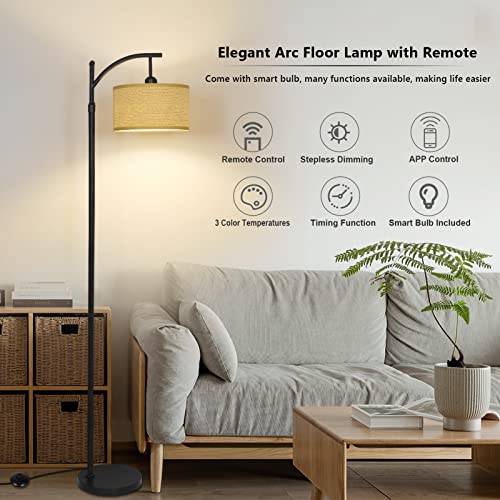 LAMSU Boho Arc Floor Lamp with Remote, Rattan Farmhouse Standing Lamps with Dimmable LED Bulb, Modern Black Tall Lamp with Woven Shade for Living Room Bedroom Office, App Control, Height Adjustable