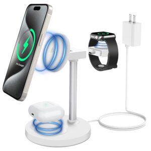 futurecharger for magsafe charger stand - 3 in 1 wireless charging station for apple devices, for iphone 15/14/13/12 series, for iwatch/airpods, aluminum alloy rod, leather pad, white