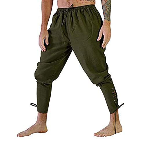 Men's Cotton Linen Renaissance Ankle Banded Pants Retro Medieval Viking Navigator Pirate Trousers (X-Large, Army Green)