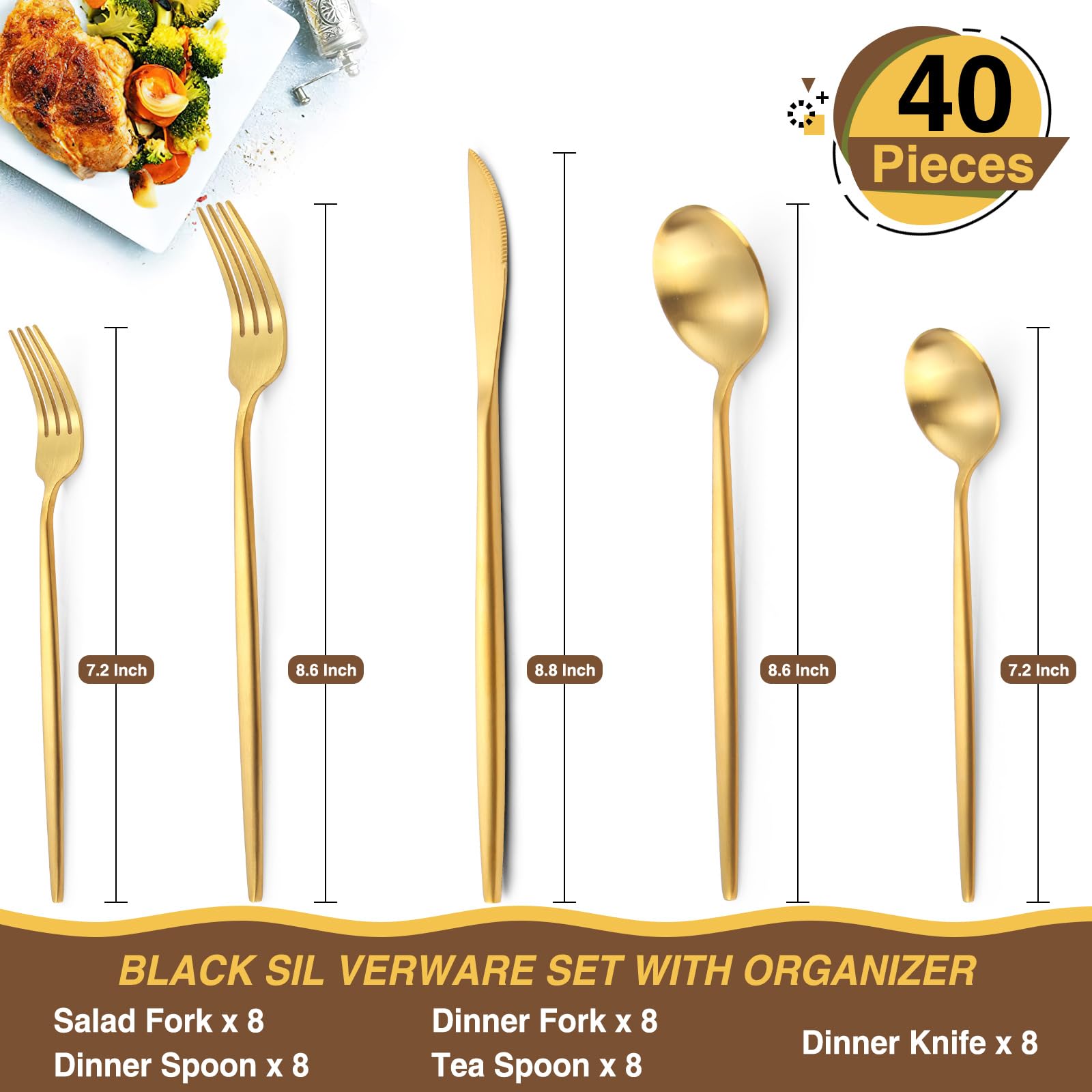 Gold Silverware Set with Organizer, AIVIKI 40-Piece Stainless Steel Flatware Set for 8,Matte Gold Cutlery Set Utensils Set, Satin Finish Tableware Set for Home Restaurant, Include Knife Fork Spoon Set