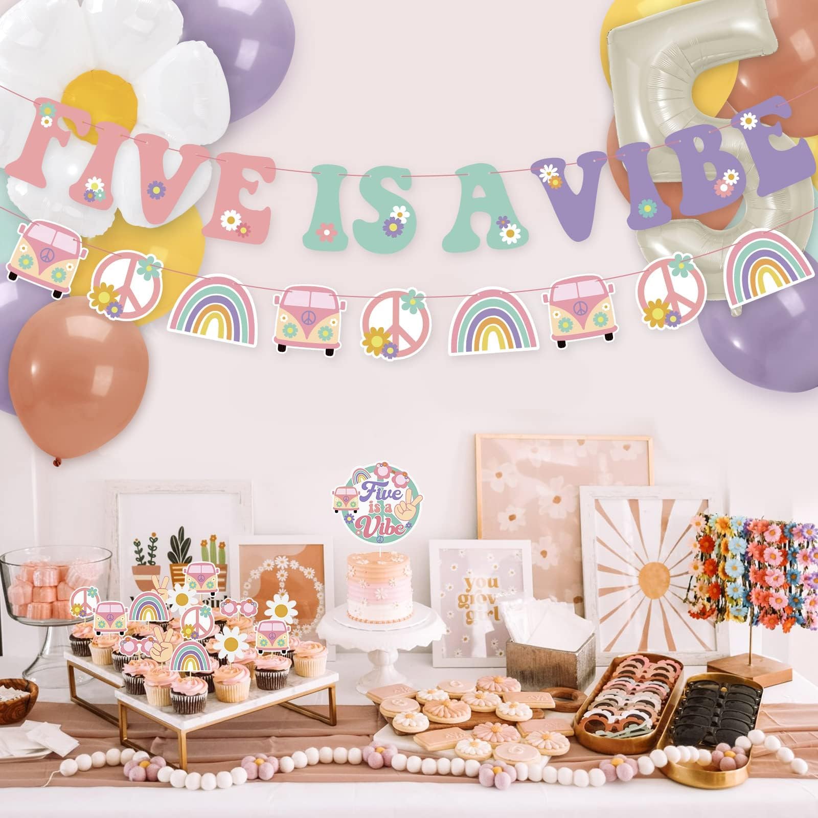 Sinasasspel Five is a Vibe 5th Birthday Party Decorations Groovy Banner Cake Toppers Daisy Foil Balloons for 60s 70s Five Year Retro Hippie Party Supplies Groovy Party Favors