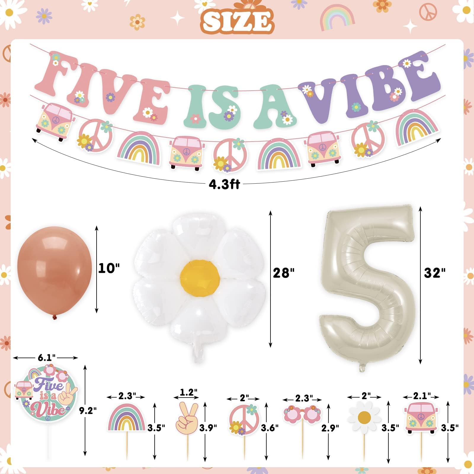 Sinasasspel Five is a Vibe 5th Birthday Party Decorations Groovy Banner Cake Toppers Daisy Foil Balloons for 60s 70s Five Year Retro Hippie Party Supplies Groovy Party Favors