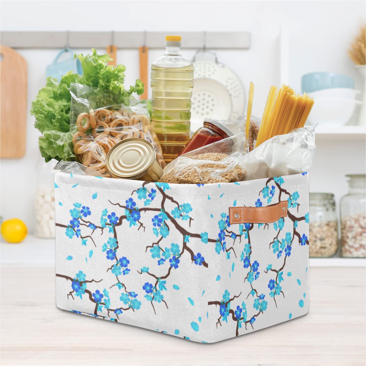 Funky Qiu Japanese Cherry Blossom Storage Basket Cube Large Toys Storage Box Bin with Handle Collapsible Closet Shelf Cloth Organizer for Nursery Bedroom,15x11x9.5 in,1 Pack