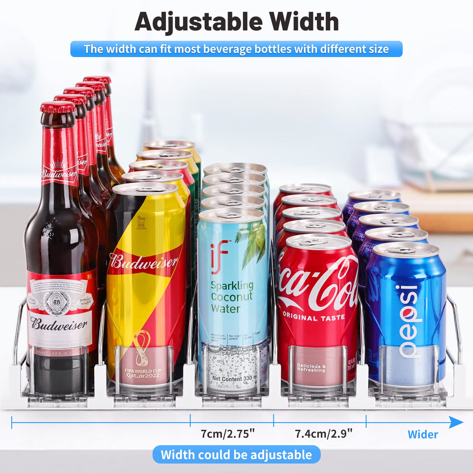 LAKIX Drink Organizer for Fridge, Self-Sliding Soda Can Organizer for Refrigerator and Adjustable Width, 12oz 16oz 20oz drinks can be accommodated, up to 25 Cans（5 Rows, 41 CM）