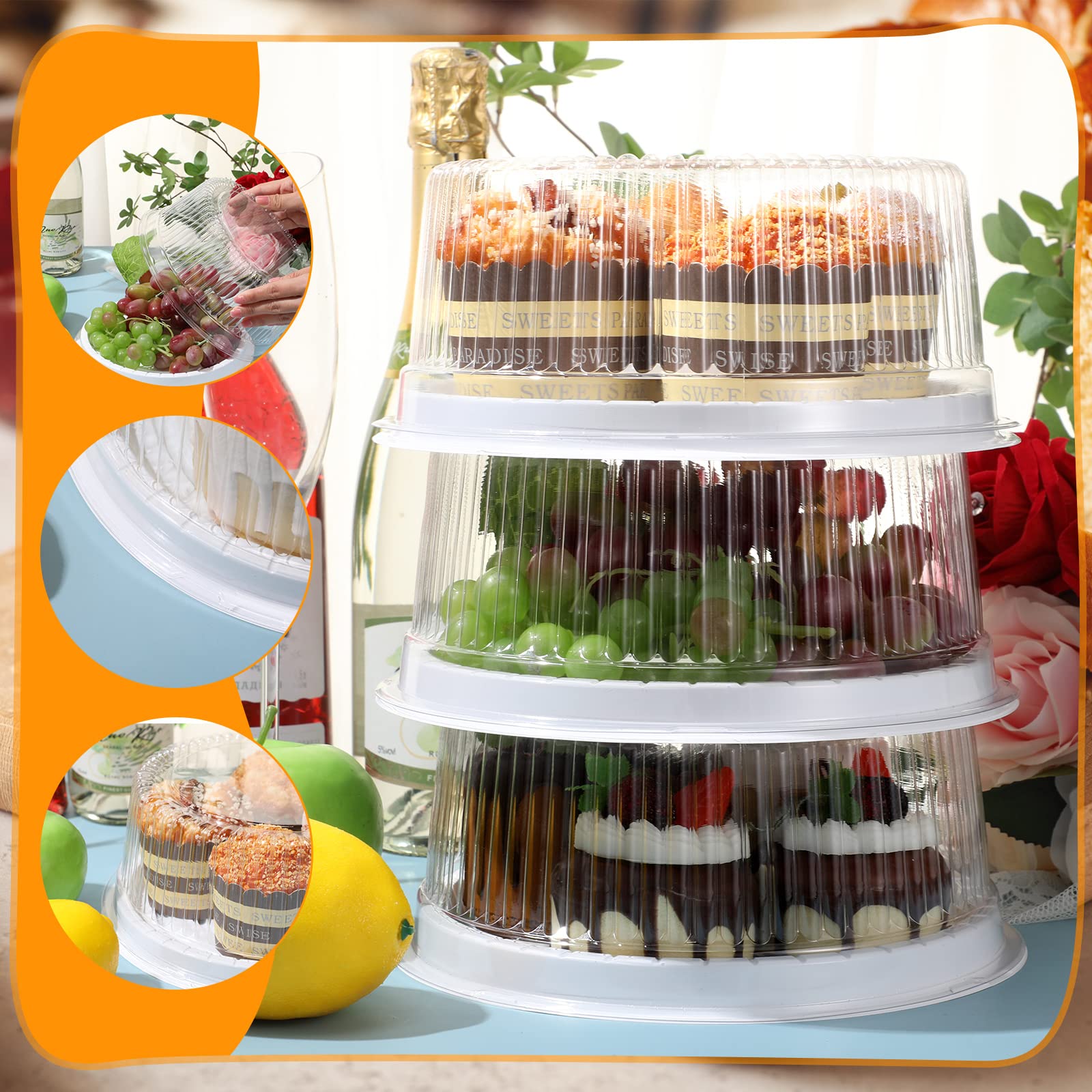 Nuanchu 24 Pieces 8 Inch Disposable Cake Containers with Lids Plastic Serving Tray Clear Platters with Clear Lids Round Disposable Cake Holder for Storing Party Takeout Food Catering Display (White)