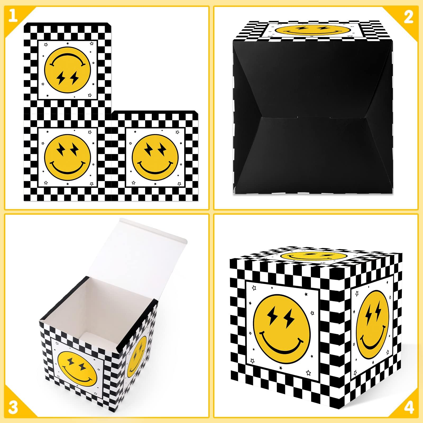 One Happy Dude Balloon Boxes 1st Birthday Party Balloon Blocks Smile Themed Birthday Party Balloon Arch Kit for Boy Party Decor Yellow Black Lightening Checkered Backdrop Favors