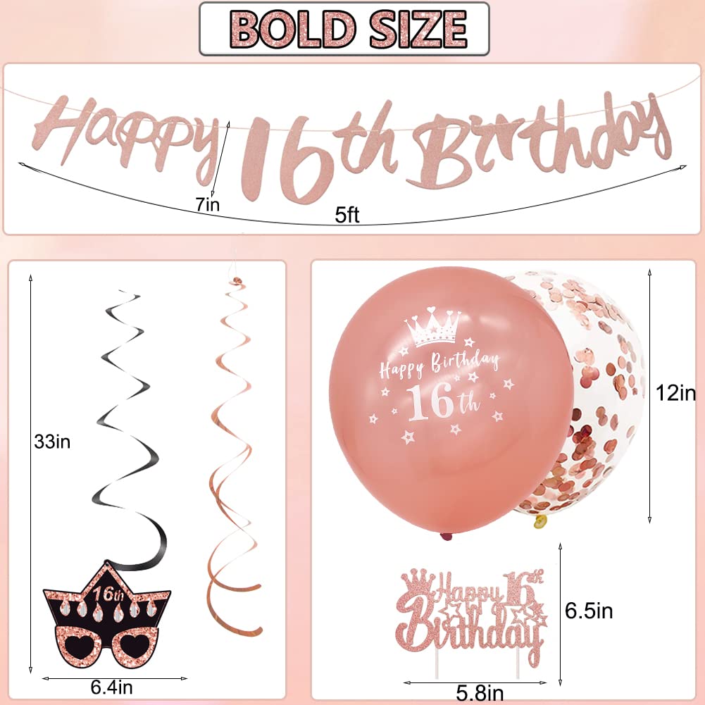 WOJOGO Sweet 16 Party Decorations Rose Gold 16th Birthday Decorations for Girls Pre-strung Happy 16th Birthday Party Banner Hanging Swirls Birthday Cake Topper Balloons