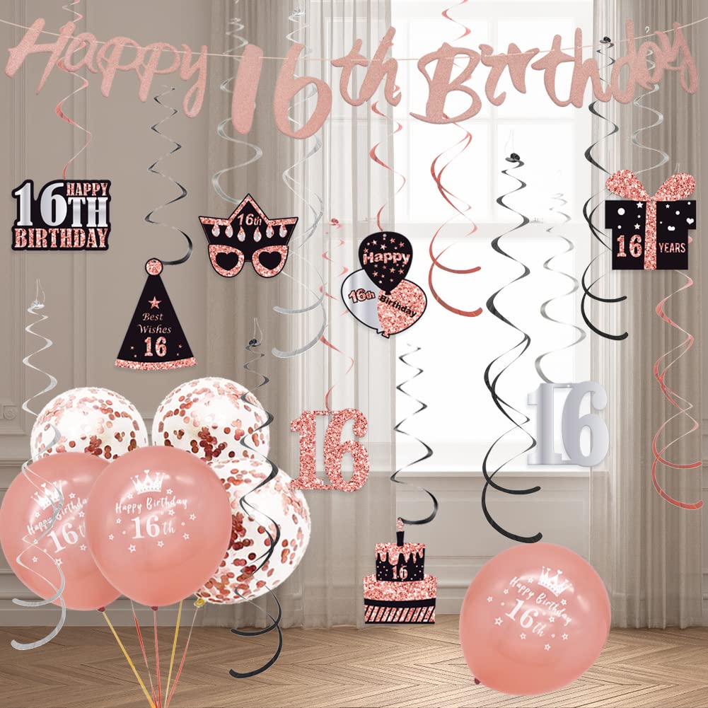 WOJOGO Sweet 16 Party Decorations Rose Gold 16th Birthday Decorations for Girls Pre-strung Happy 16th Birthday Party Banner Hanging Swirls Birthday Cake Topper Balloons