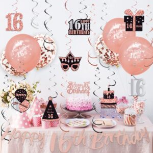 WOJOGO Sweet 16 Party Decorations Rose Gold 16th Birthday Decorations for Girls Pre-strung Happy 16th Birthday Party Banner Hanging Swirls Birthday Cake Topper Balloons