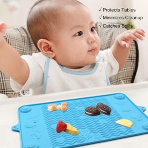 Silicone Suction Placemats Baby Food Table/High Chair Mat for Baby Feeding-Raised Wave Design for Easy Food Pickup and Motor Skills - Dishwasher Safe,Durable and Non-Slip Suction Placemats(blue+green)