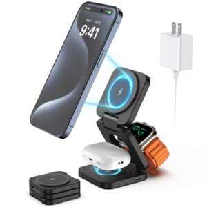 ku xiu foldable 3 in 1 charging station for apple, fast magnetic wireless charger compatible with iphone 15 14 13 12 pro/max/plus, 5w for apple watch 9/8/7/6/5/4/3/2/se/ultra 2, airpods 3/2/pro(black)