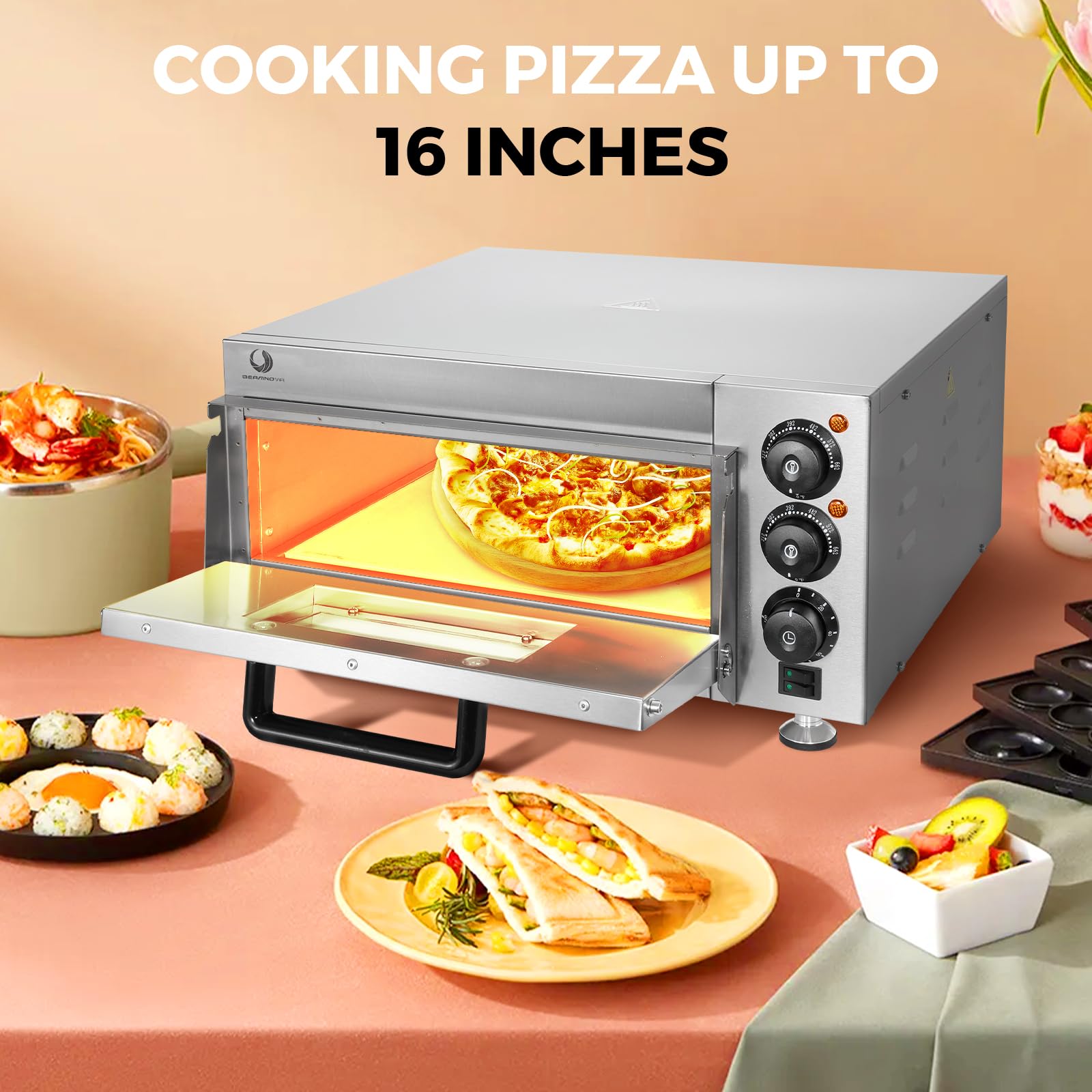 BEAMNOVA Electric Commercial Pizza Oven Countertop,1900W Adjustable Temperature Pizza Oven with 12 Inch Pizza Pan and Pizza Stone for Restaurant Home Pretzels Baked…