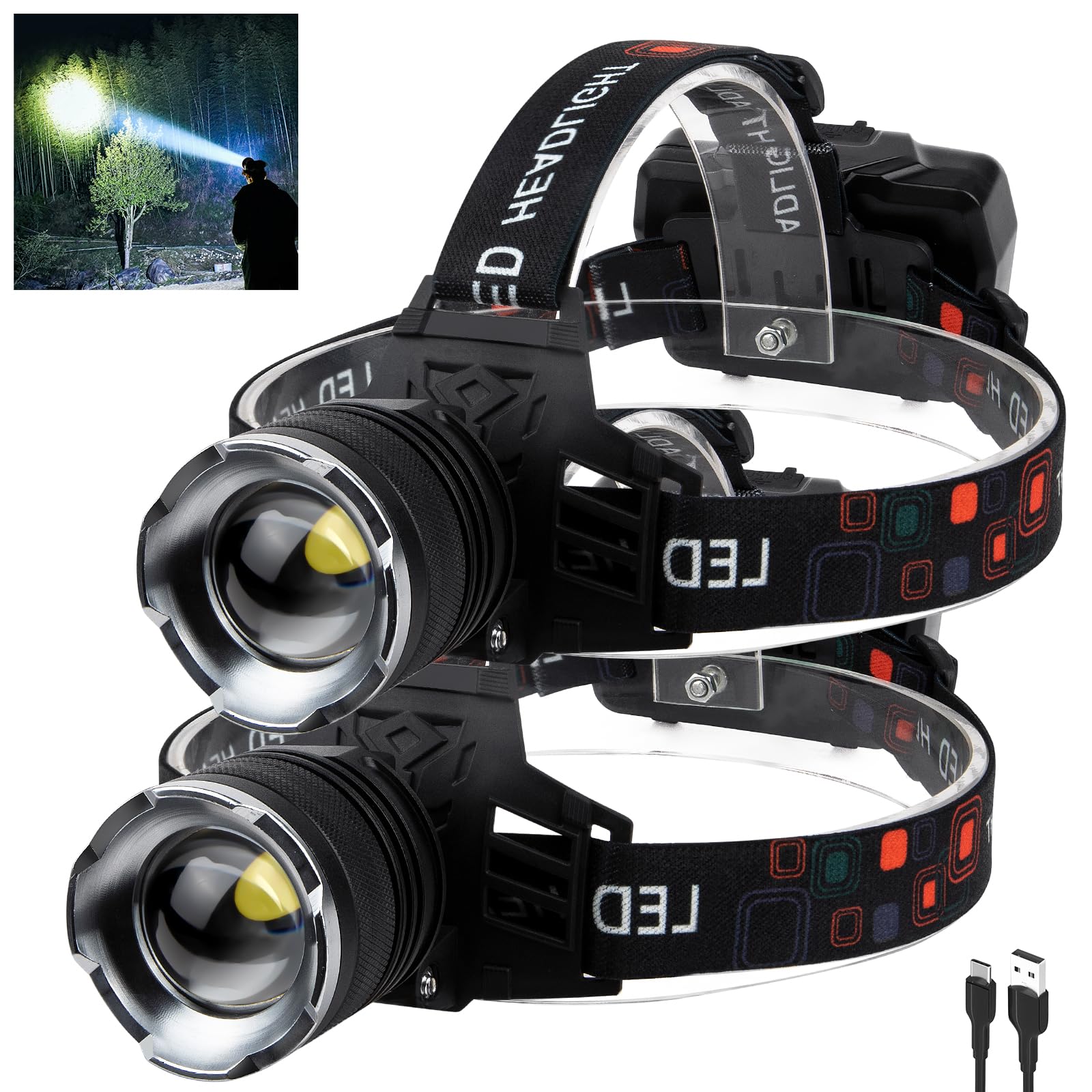 UOATEPC Rechargeable LED Headlamp, 100000 Lumens, 90 Adjustable, Waterproof, USB Rechargeable, Long Battery Life, Durable and Lightweight