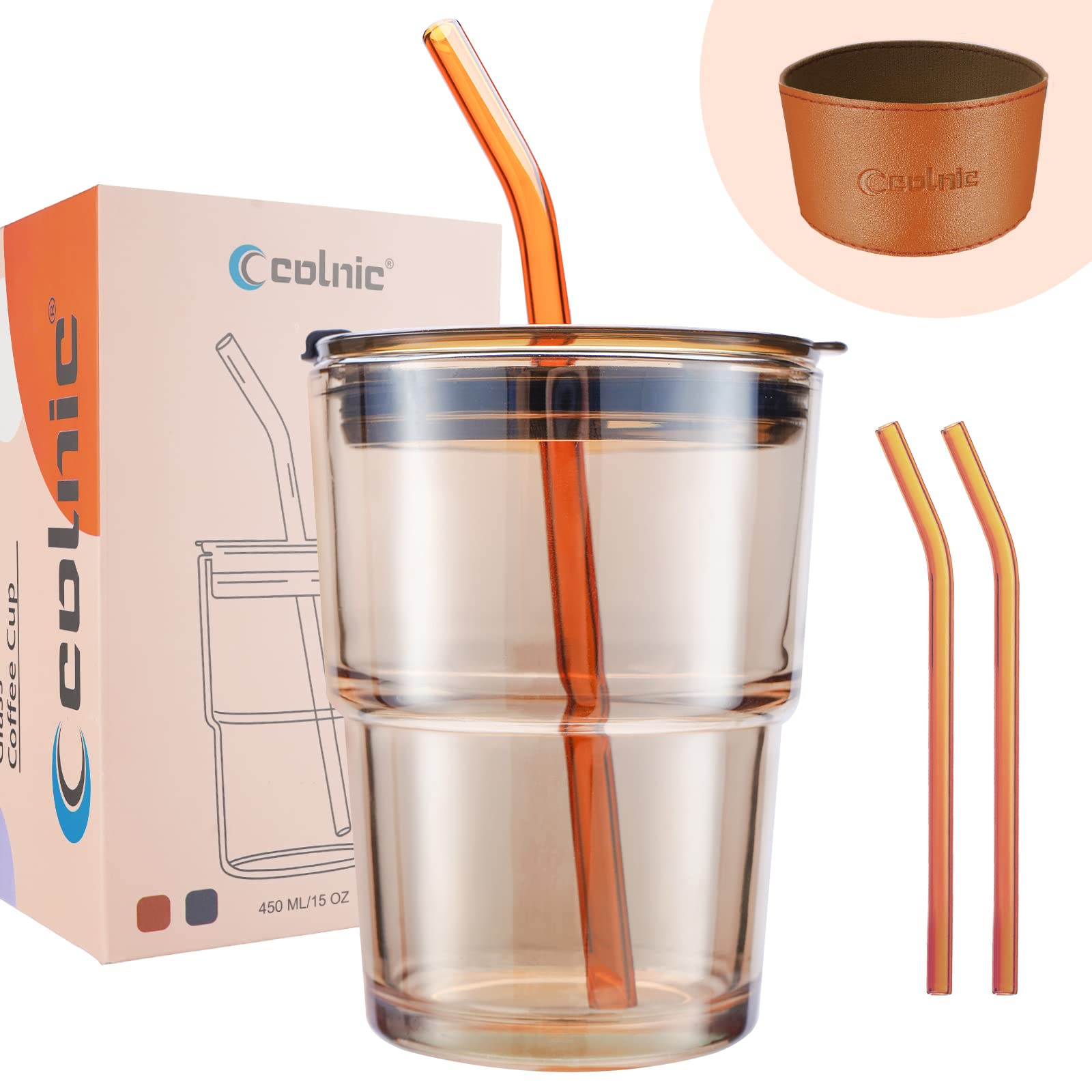 Colnic Iced Coffee Cup, 15Oz/450ml Glass Cups With Lids And Straws, Iced Coffee Glasses Tumbler, Thick Wall Glass Mug For Tea Water With 2 Glass Straw And Leather Sleeve, Glass Tumbler Gifts (Amber)