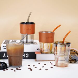 Colnic Iced Coffee Cup, 15Oz/450ml Glass Cups With Lids And Straws, Iced Coffee Glasses Tumbler, Thick Wall Glass Mug For Tea Water With 2 Glass Straw And Leather Sleeve, Glass Tumbler Gifts (Amber)