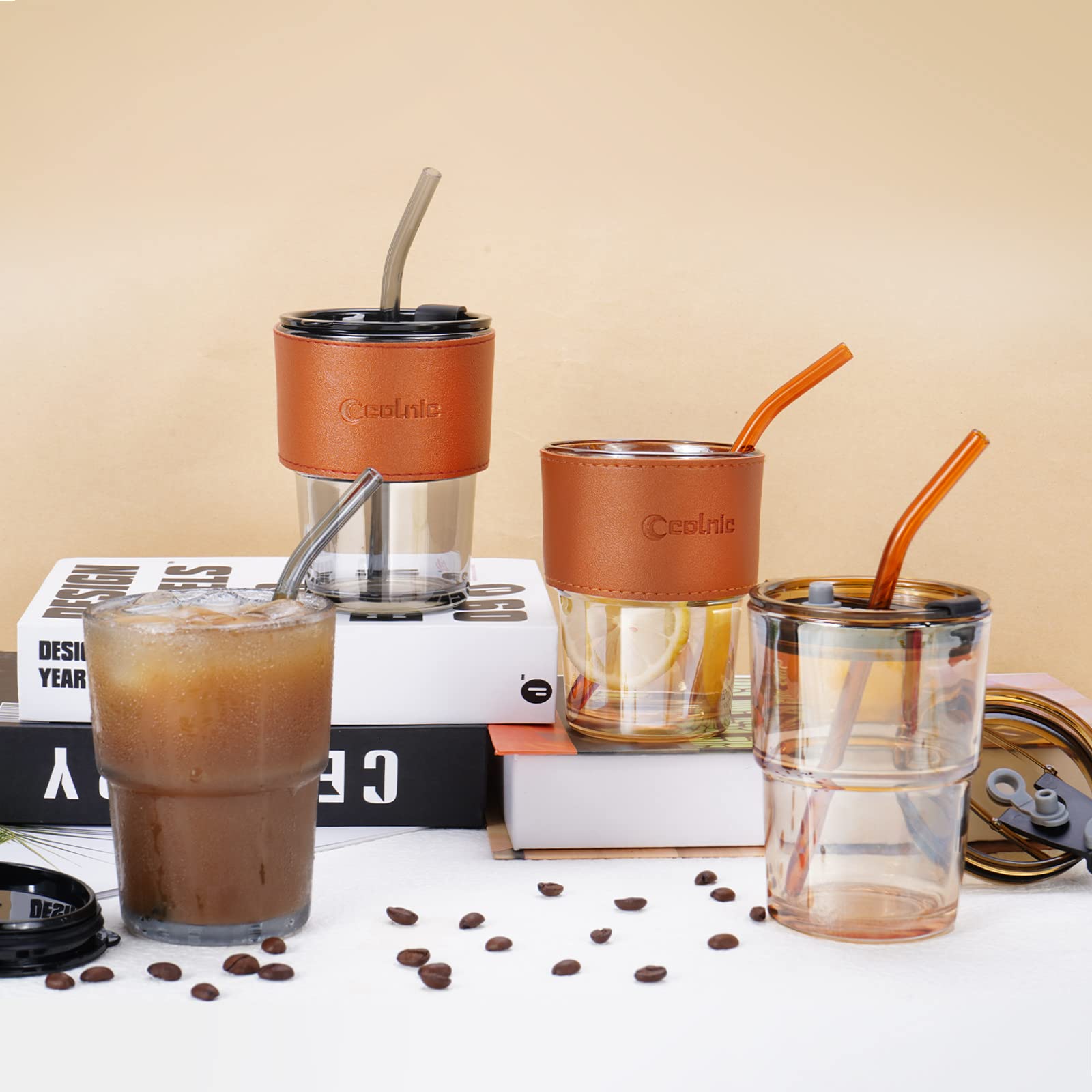 Colnic Iced Coffee Cup, 15Oz/450ml Glass Cups With Lids And Straws, Iced Coffee Glasses Tumbler, Thick Wall Glass Mug For Tea Water With 2 Glass Straw And Leather Sleeve, Glass Tumbler Gifts (Amber)