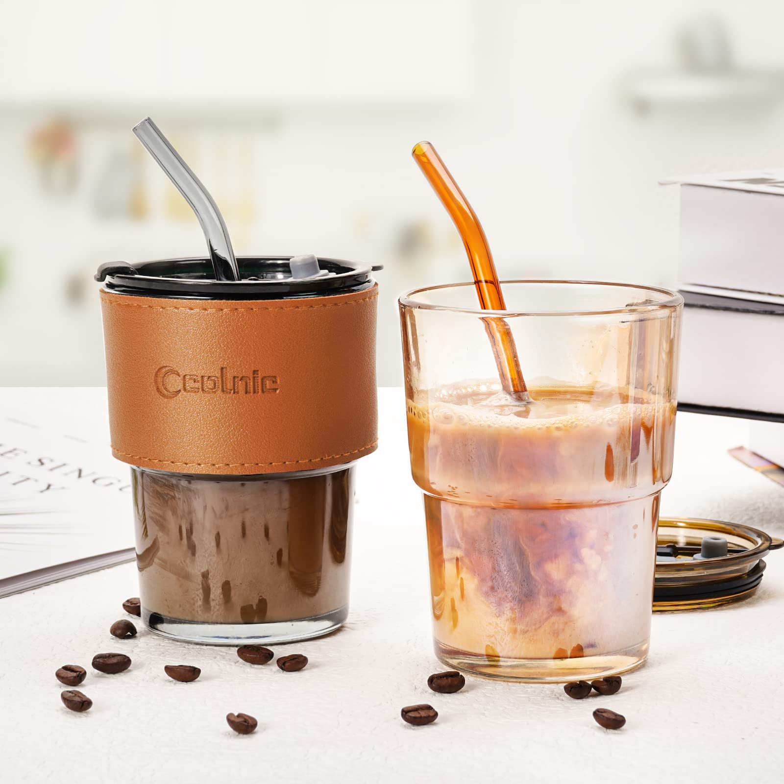 Colnic Iced Coffee Cup, 15Oz/450ml Glass Cups With Lids And Straws, Iced Coffee Glasses Tumbler, Thick Wall Glass Mug For Tea Water With 2 Glass Straw And Leather Sleeve, Glass Tumbler Gifts (Amber)