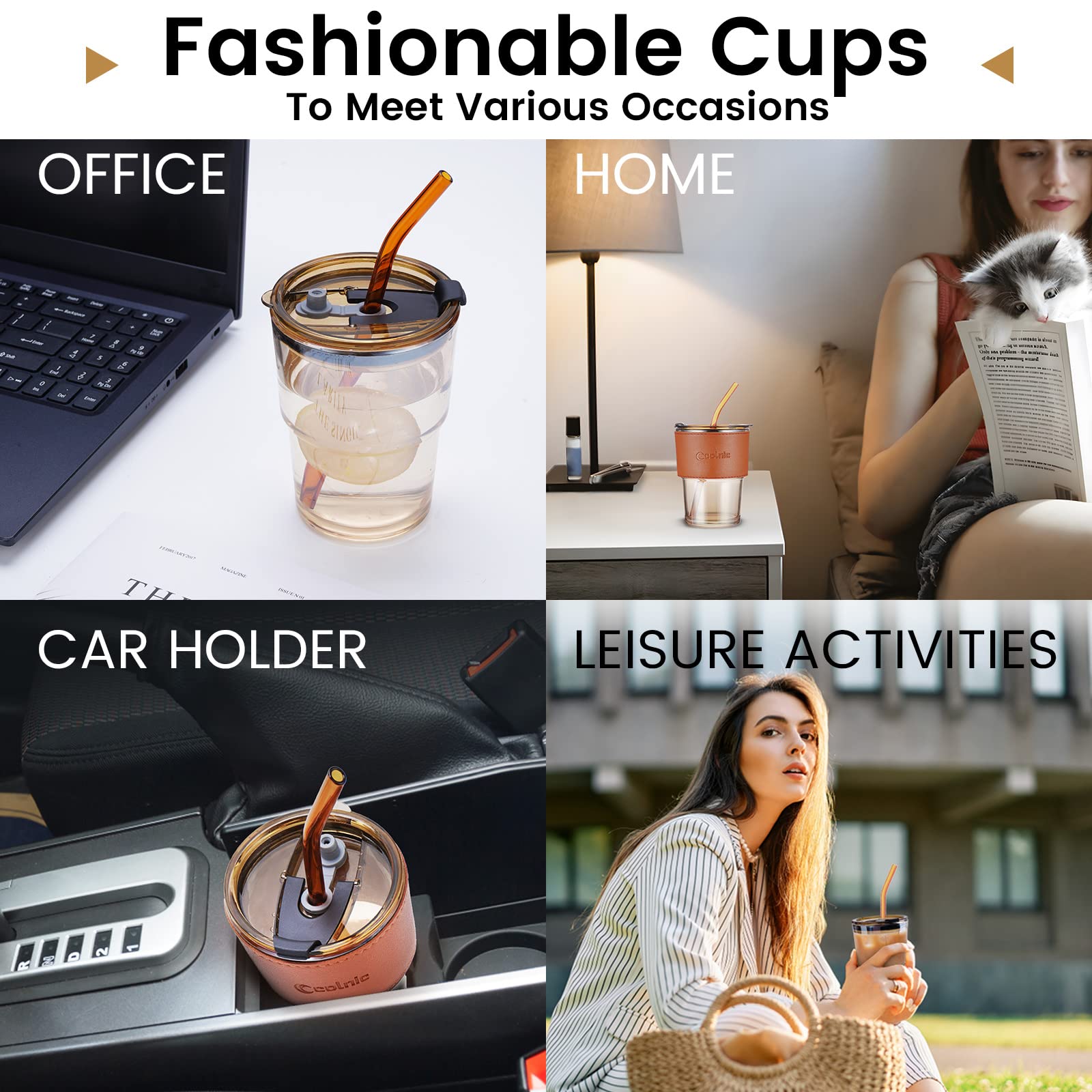 Colnic Iced Coffee Cup, 15Oz/450ml Glass Cups With Lids And Straws, Iced Coffee Glasses Tumbler, Thick Wall Glass Mug For Tea Water With 2 Glass Straw And Leather Sleeve, Glass Tumbler Gifts (Amber)