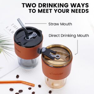 Colnic Iced Coffee Cup, 15Oz/450ml Glass Cups With Lids And Straws, Iced Coffee Glasses Tumbler, Thick Wall Glass Mug For Tea Water With 2 Glass Straw And Leather Sleeve, Glass Tumbler Gifts (Amber)