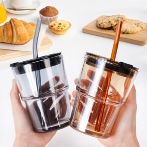 Colnic Iced Coffee Cup, 15Oz/450ml Glass Cups With Lids And Straws, Iced Coffee Glasses Tumbler, Thick Wall Glass Mug For Tea Water With 2 Glass Straw And Leather Sleeve, Glass Tumbler Gifts (Amber)