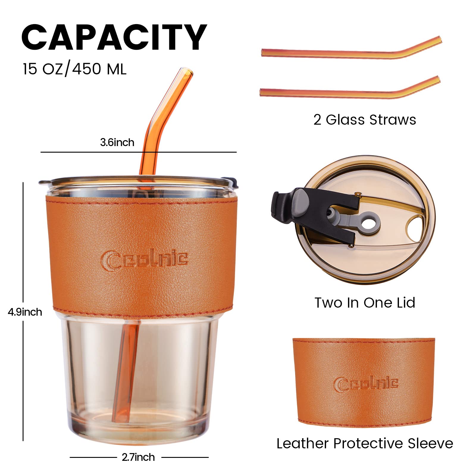 Colnic Iced Coffee Cup, 15Oz/450ml Glass Cups With Lids And Straws, Iced Coffee Glasses Tumbler, Thick Wall Glass Mug For Tea Water With 2 Glass Straw And Leather Sleeve, Glass Tumbler Gifts (Amber)