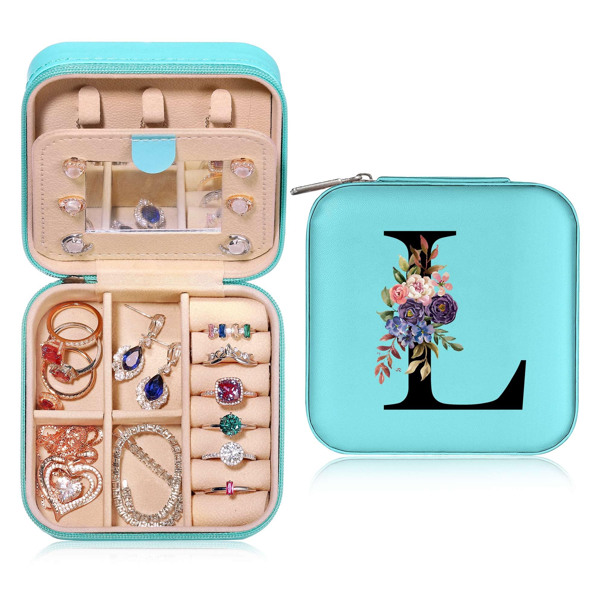 Parima Travel Jewelry Case for for Girls Fashion, L Initial Blue Jewelry Case Mini Jewelry Travel Case for Girls Jewelry Box for Girls Airport Travel Accessories Must Haves Jewelry Case