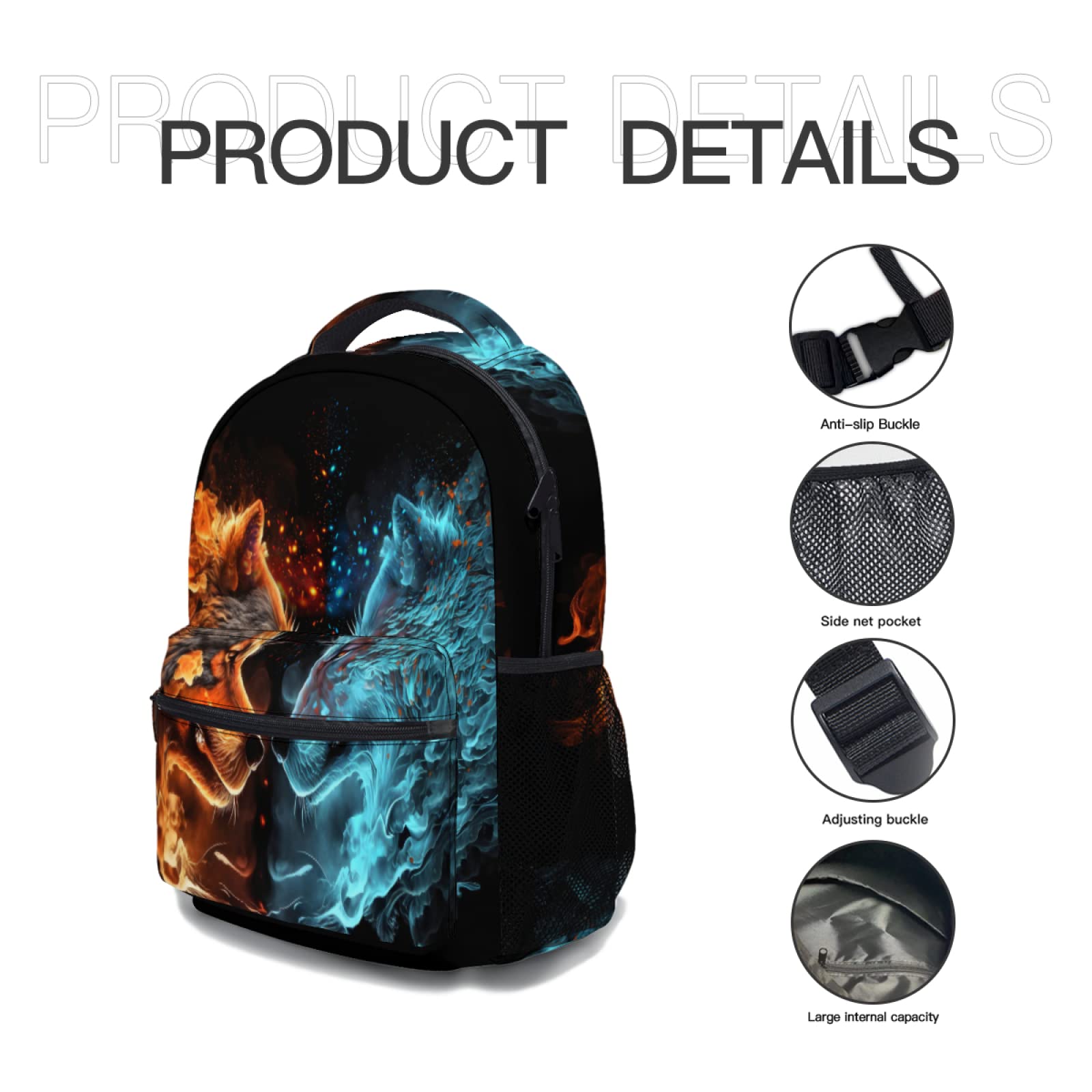 aportt Blue Red Fire Wolf Backpack for Boys Girls Durable Casual Basic Kids Bookbag Lightweight School Bag for Teens Students Travel Hiking Camping Daypack