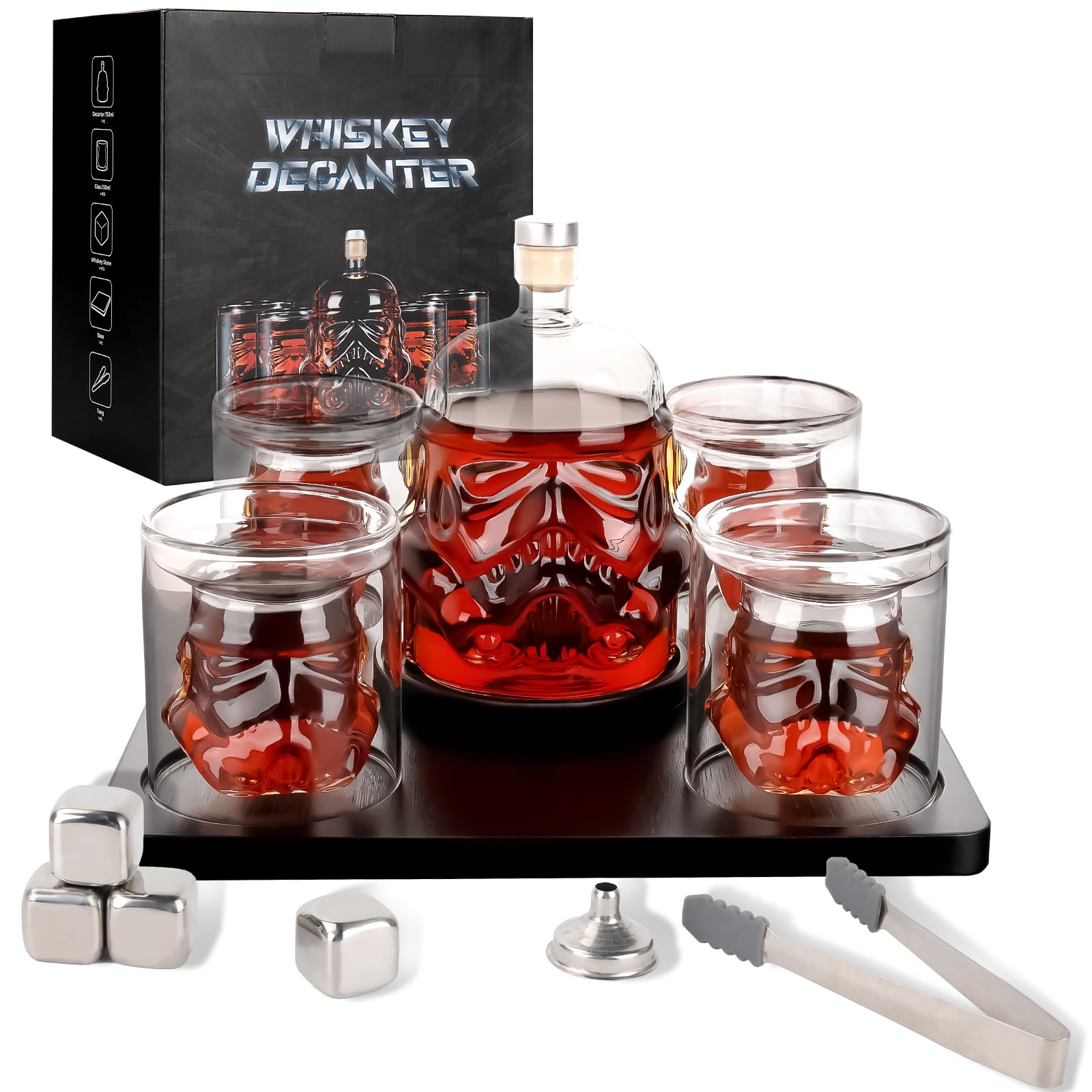 Yingluo Transparent Creative Whiskey Decanter Set With 4 Glasses,Flask Carefe,Whiskey Carafe for Wine,Scotch,Bourbon,vodka,Liquor-750ml Gifts for Men (1 DECANTER + 4 GLASSES)