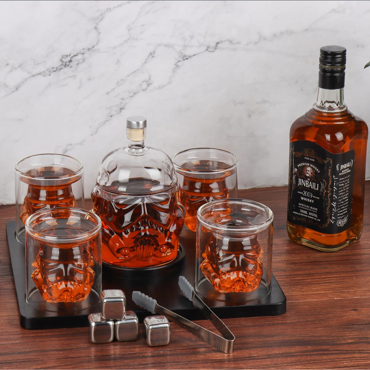 Yingluo Transparent Creative Whiskey Decanter Set With 4 Glasses,Flask Carefe,Whiskey Carafe for Wine,Scotch,Bourbon,vodka,Liquor-750ml Gifts for Men (1 DECANTER + 4 GLASSES)