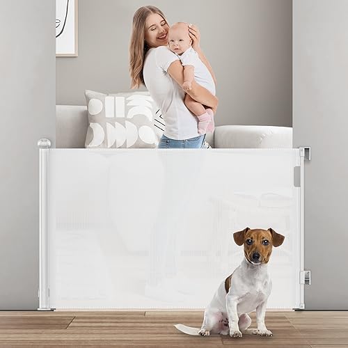 HAOBEIBEI Retractable Baby Gates, Mesh Baby Gate or Dog Gate Extends to 55" Wide 33" Tall, Mesh Child Safety Baby Gates, Dog Pet Retractable Gates for Stairs, Doorways, Hallways, Indoor, Outdoor