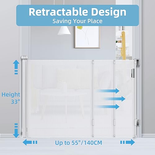 HAOBEIBEI Retractable Baby Gates, Mesh Baby Gate or Dog Gate Extends to 55" Wide 33" Tall, Mesh Child Safety Baby Gates, Dog Pet Retractable Gates for Stairs, Doorways, Hallways, Indoor, Outdoor