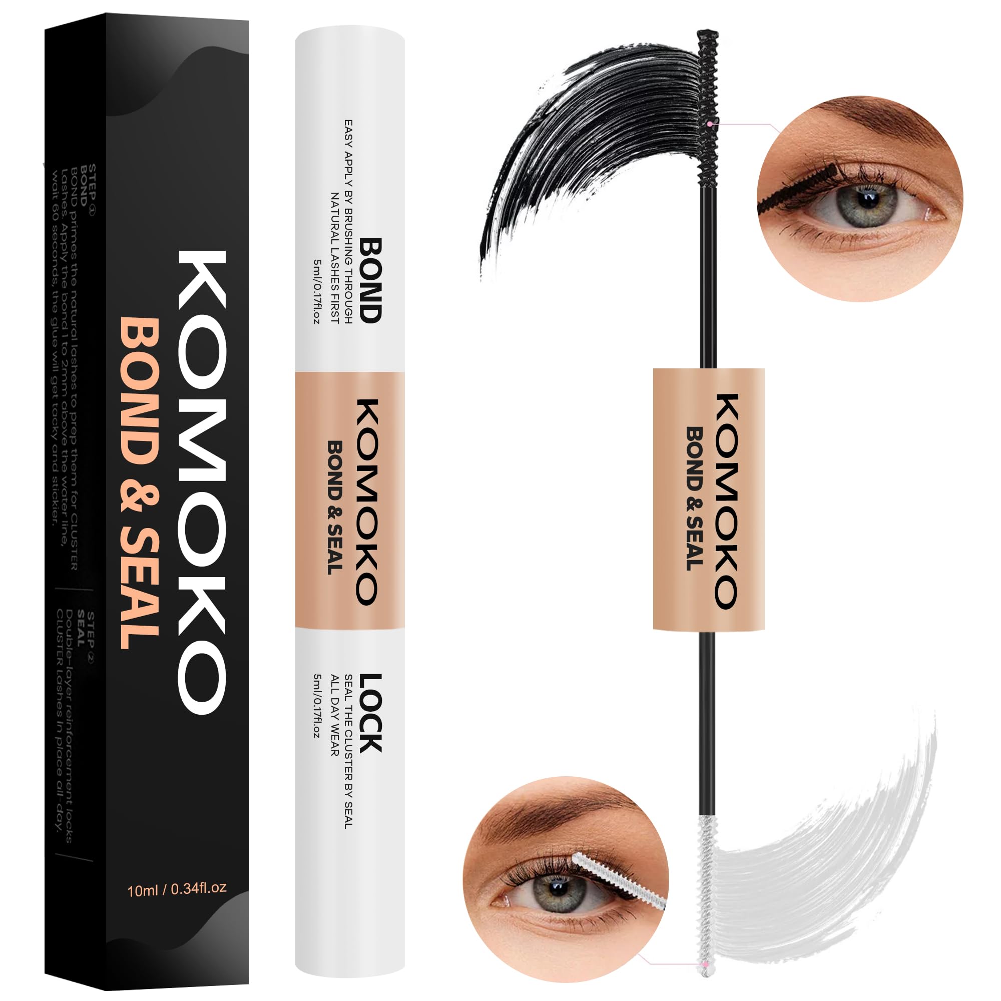 Komoko Lash Bond and Seal (10ml), Cluster Lash Glue for Individual Cluster Lashes, Bond and Seal Lash Glue Super Strong Hold and Long Lasting 48-72 Hours, Waterproof Eyelash Glue & Lash Extension Glue