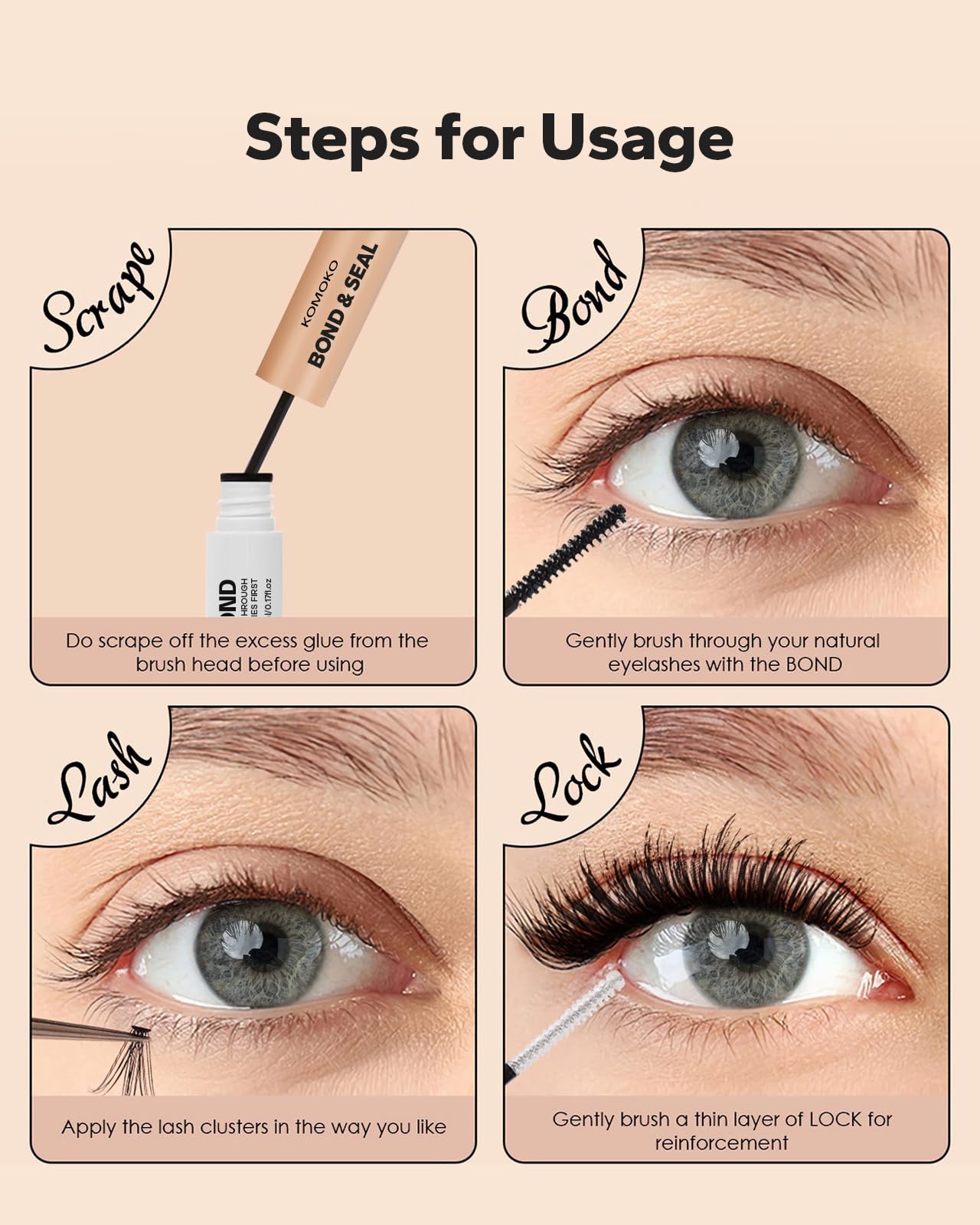 Komoko Lash Bond and Seal (10ml), Cluster Lash Glue for Individual Cluster Lashes, Bond and Seal Lash Glue Super Strong Hold and Long Lasting 48-72 Hours, Waterproof Eyelash Glue & Lash Extension Glue