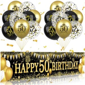 50th birthday decorations for men women, black gold 50th birthday yard banner and 50th happy birthday balloons for 50th birthday party decorations cheers to 50 years birthday decor indoor outdoor