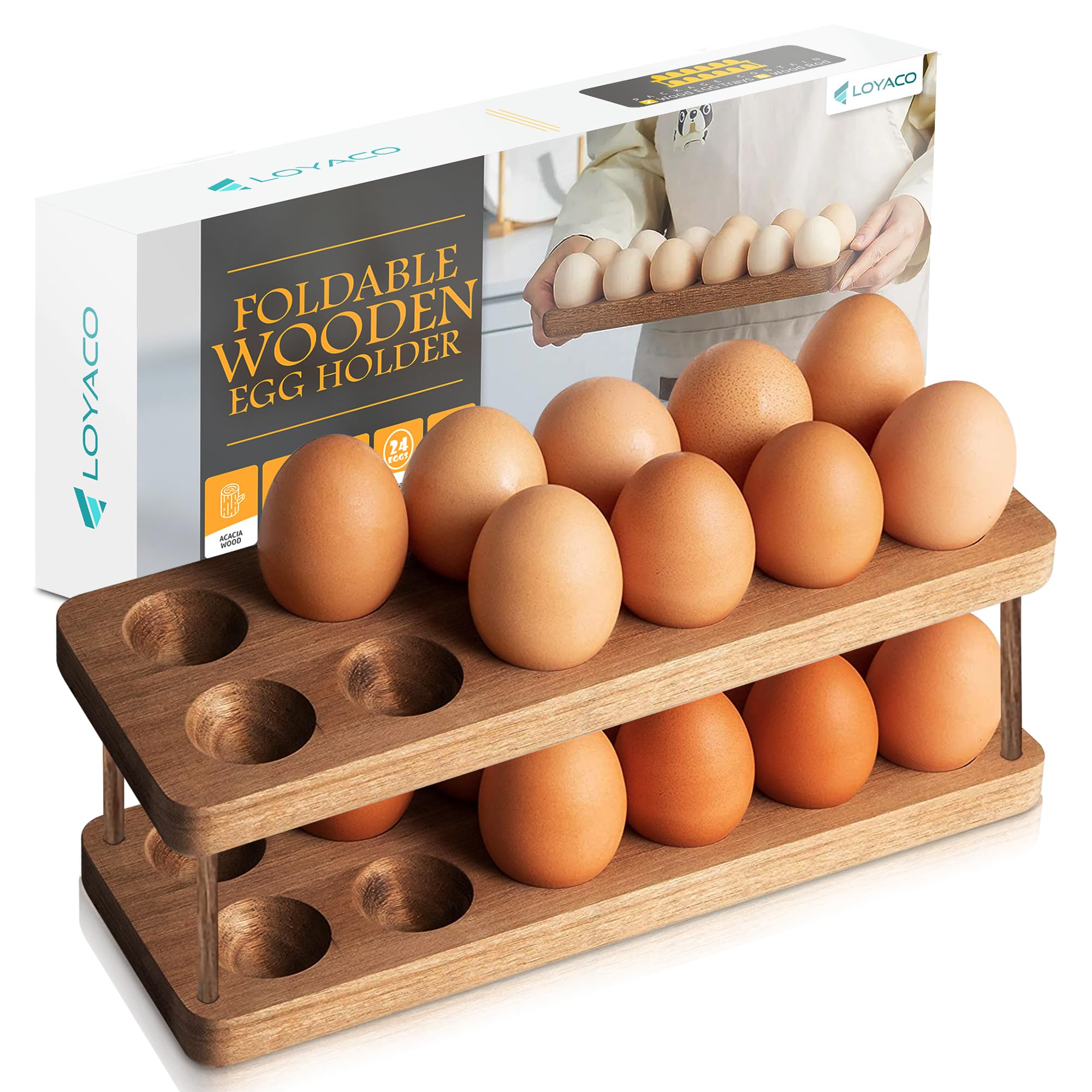 LOYACO Stackable Acacia Wooden Egg Holder Countertop - Stackable Double Layers Egg Rack, 24 Fresh Egg Holder, Durable Space Saving Design, Shop Organization Kitchen Rustic Decor