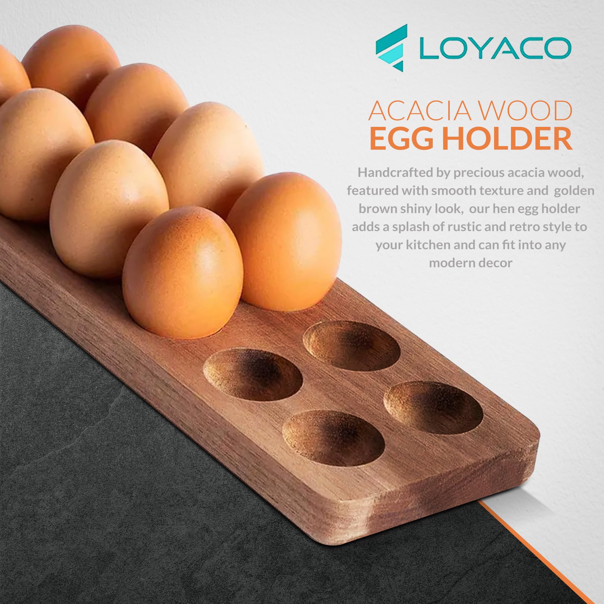 LOYACO Stackable Acacia Wooden Egg Holder Countertop - Stackable Double Layers Egg Rack, 24 Fresh Egg Holder, Durable Space Saving Design, Shop Organization Kitchen Rustic Decor