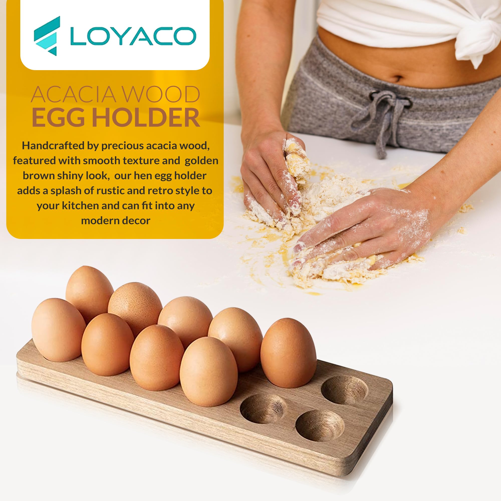 LOYACO Stackable Acacia Wooden Egg Holder Countertop - Stackable Double Layers Egg Rack, 24 Fresh Egg Holder, Durable Space Saving Design, Shop Organization Kitchen Rustic Decor