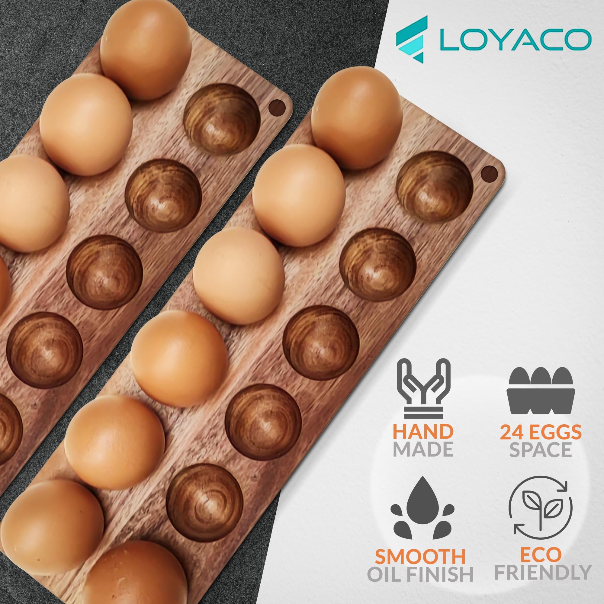 LOYACO Stackable Acacia Wooden Egg Holder Countertop - Stackable Double Layers Egg Rack, 24 Fresh Egg Holder, Durable Space Saving Design, Shop Organization Kitchen Rustic Decor