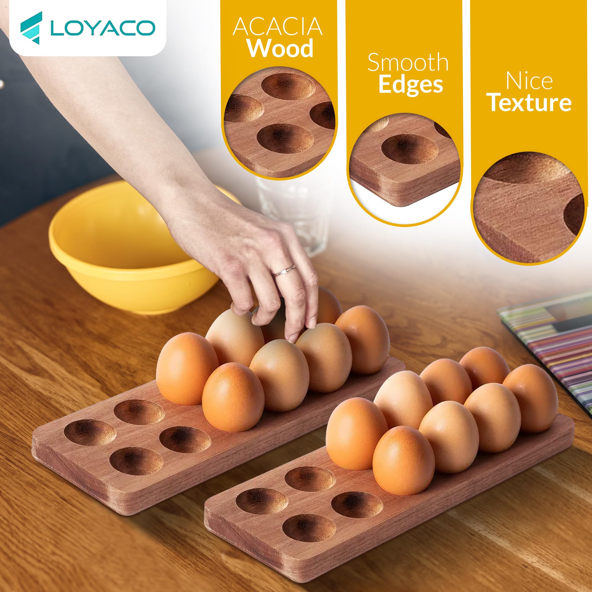 LOYACO Stackable Acacia Wooden Egg Holder Countertop - Stackable Double Layers Egg Rack, 24 Fresh Egg Holder, Durable Space Saving Design, Shop Organization Kitchen Rustic Decor